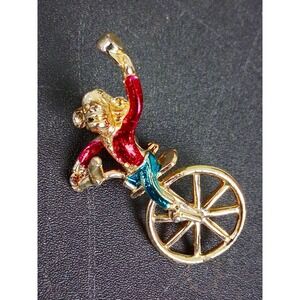 UNIQUE Monkey Circus Brooch Pin Gold Tone 2in Fun Hats Off Unicycle